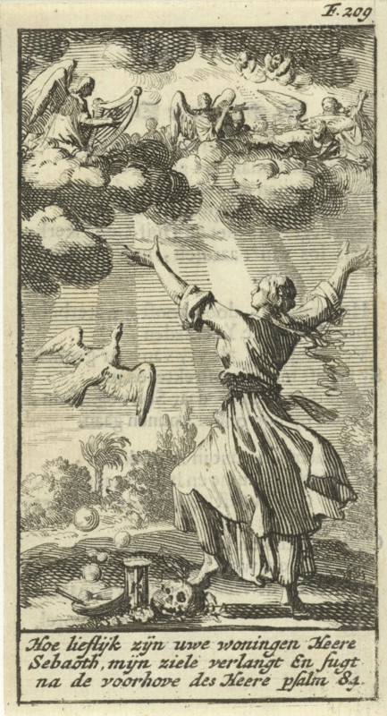 Woman listening with outstretched arms to the choir of angels in the clouds above her, Jan Luyken, Gijsbert de Groot, 1691