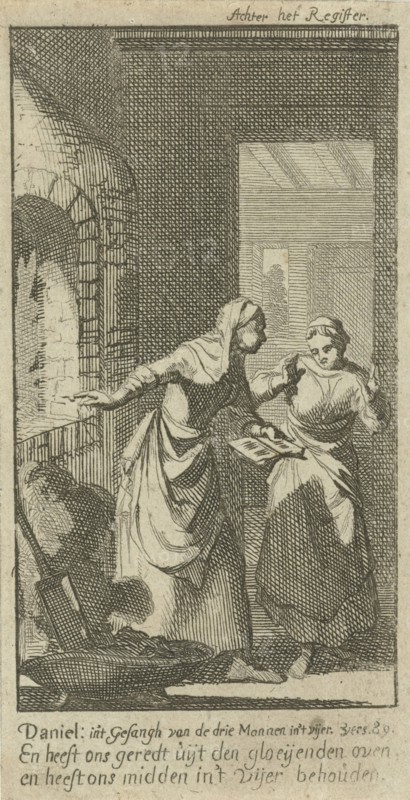 Two women retrieve a book undamaged from the fire, print maker: Jan Luyken, Dating 1691
