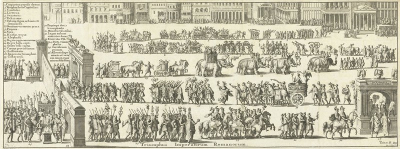 Triumphal procession over a square, Jan Luyken, FranÃ§ois Halma, 1690