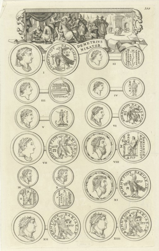 King Demetrius II Nicator taking away the sign of dignity from the imprisoned Alexander Theopater; below which eight medals can be seen, print maker: Jan Luyken, Dating 1690
