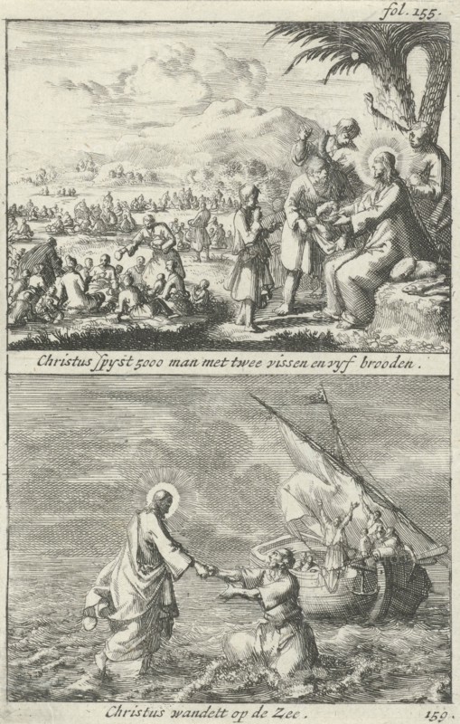 Miraculous multiplication of loaves and fishes by Christ and Christ on the water, Jan Luyken, Jan Claesz ten Hoorn, 1690