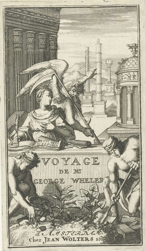 Father Time pointing out classic monuments to a woman who is writing, print maker: Jan Luyken, Joannes Wolters, 1689