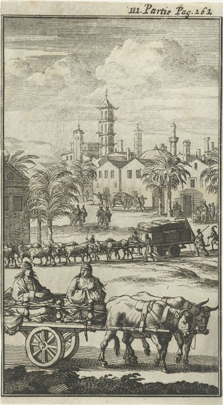 Oxen pulling carts laden with goods and people, in the background an Indian city can be seen, Jan Luyken, Charles Angot, 1689