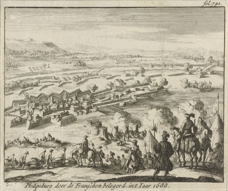 Siege of Philippsburg, 1688 Germany, print maker: Jan Luyken, Jurriaen van Poolsum, 1689
