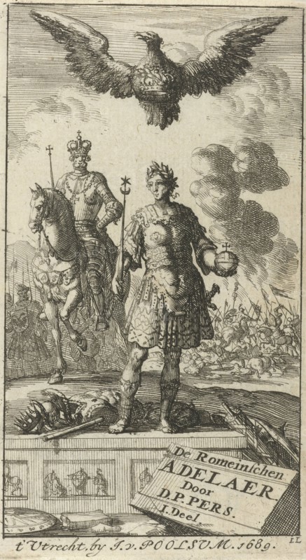 Roman emperor with scepter and globe, flying above him is an eagle with a crown in its clutches, Jan Luyken, Jurriaen van Poolsum, 1689