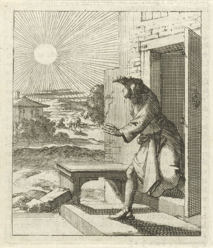 Man protects his eyes from the sun when he walks out, Jan Luyken, wed. Pieter Arentsz (II), 1689