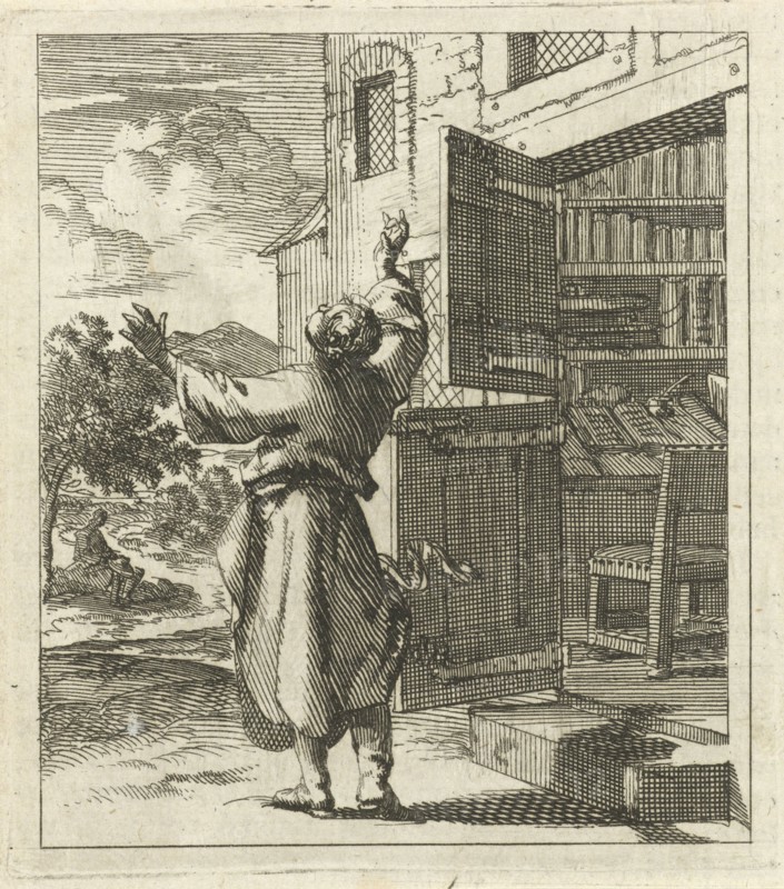 Man has left his study to see beyond the sky, Jan Luyken, wed. Pieter Arentsz (II), 1689