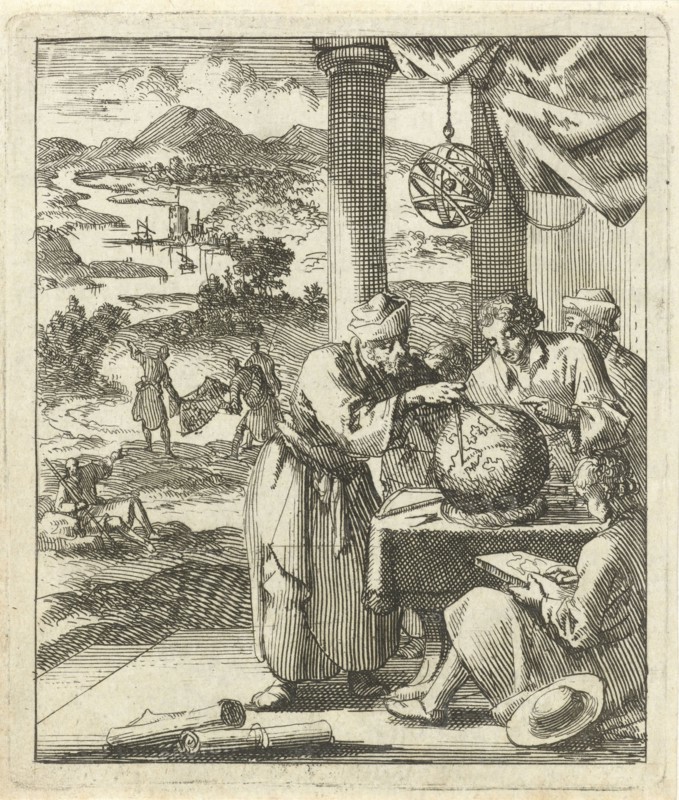 An elderly man makes for four young figures dimensions on a terrestrial globe, Jan Luyken, wed. Pieter Arentsz (II), 1689