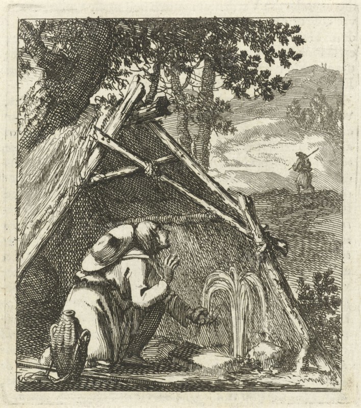 Traveler next to a well before a straw hut, print maker: Jan Luyken, wed. Pieter Arentsz II, 1689