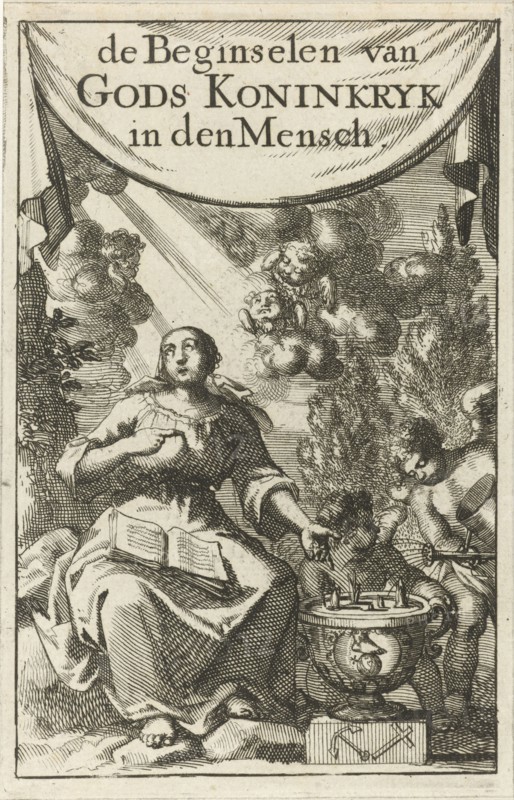 Seated woman pointing to a vase in which plants sprout, Jan Luyken, wed. Pieter Arentsz (II), 1689