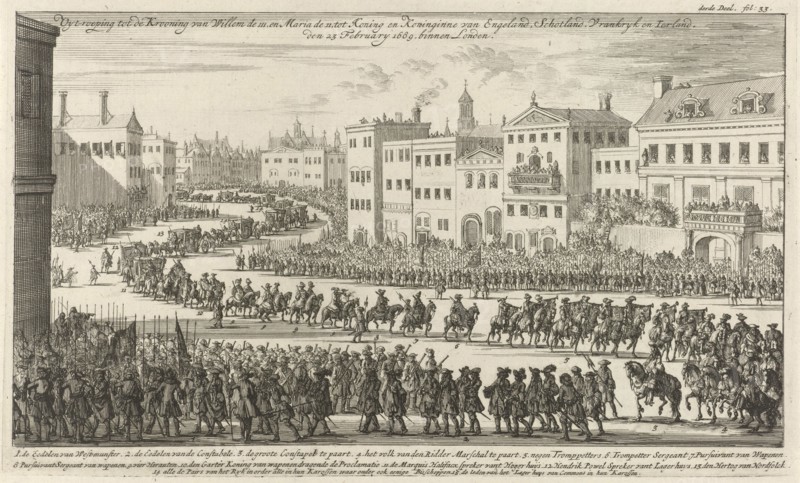 Exclamation of the coronation of the Prince and Princess of Orange, 1689, Jan Luyken, 1689-1691