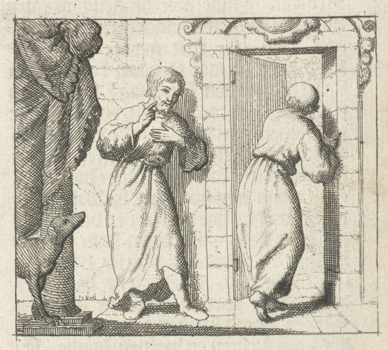 Two men at the open door of a room, print maker: Jan Luyken, Pieter Arentsz II, wed. Pieter Arentsz & Cornelis van der Sys II possibly, 1678 - 1699