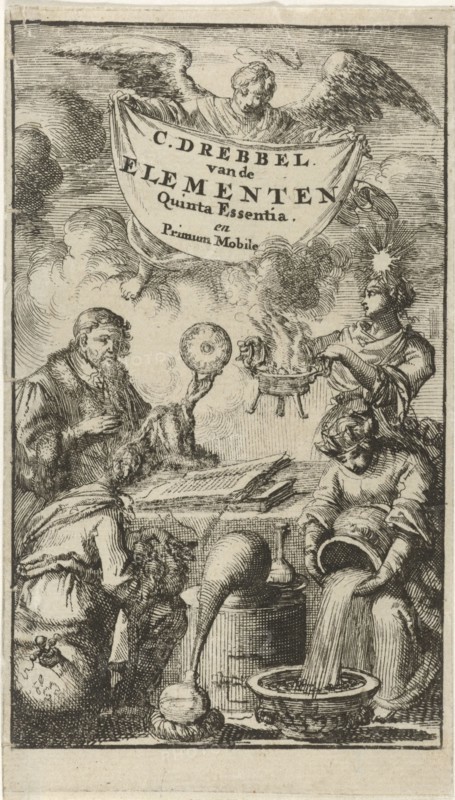 Scholar studies a book in the presence of Earth, Water and Fire, Jan Luyken, Jacob Claus, 1688