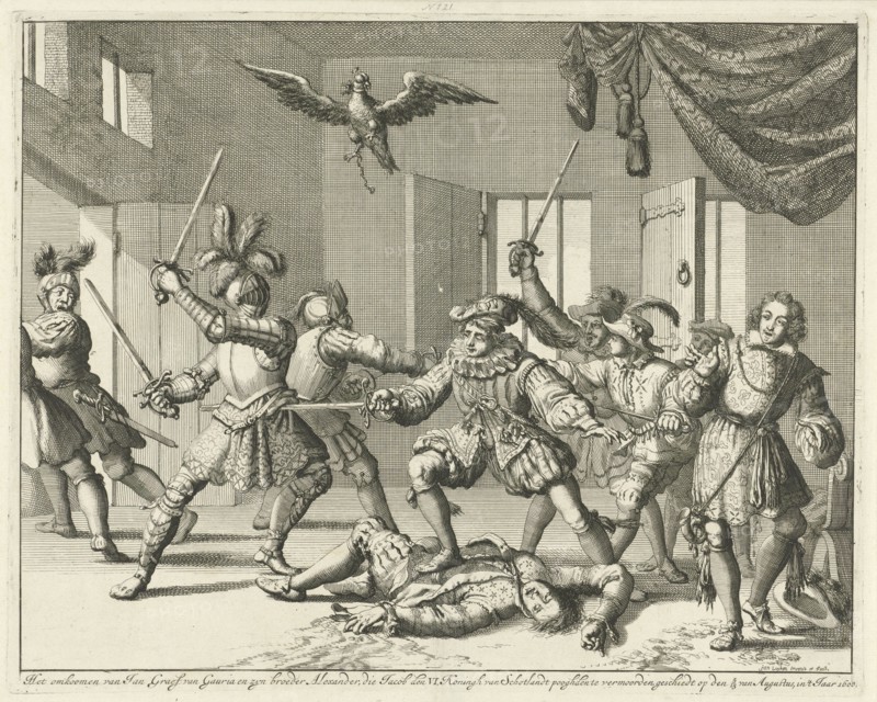 John and Alexander Ruthven slain during a battle with James I of England, 1600, Jan Luyken, 1679 - 1684