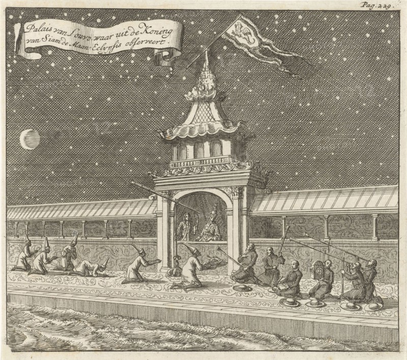 King of Siam (Thailand) observes the lunar eclipse from his palace, Jan Luyken, Aart Dircksz Oossaan, 1687