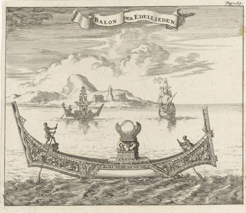 Boat of noblemen in Siam Thailand, Jan Luyken, Aart Dircksz Oossaan, 1687