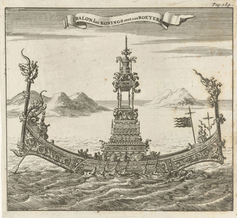 Royal vessel with 120 rowers in Siam Thailand, Jan Luyken, Aart Dircksz Oossaan, 1687