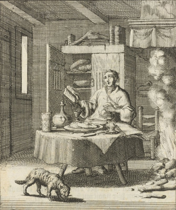 The writer William Shutter sits at a table and sings after meals from a Psalter, Jan Luyken, Gerbrandt Schagen, 1687