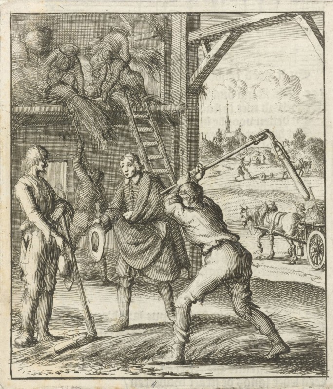 The writer William Shutter visits two farmers in a threshing barn, Jan Luyken, Gerbrandt Schagen, 1687
