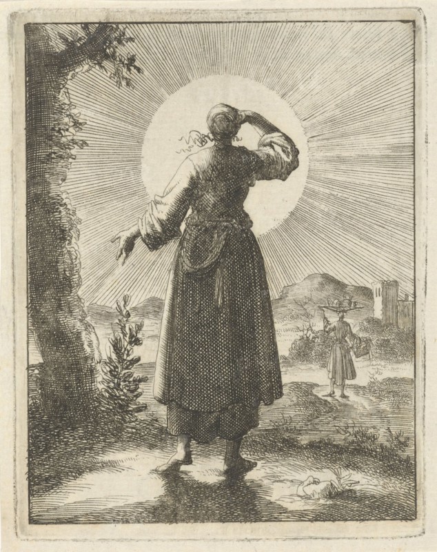 Woman holds her hand before her eyes while looking at the sun, Jan Luyken, Pieter Arentsz (II), 1687