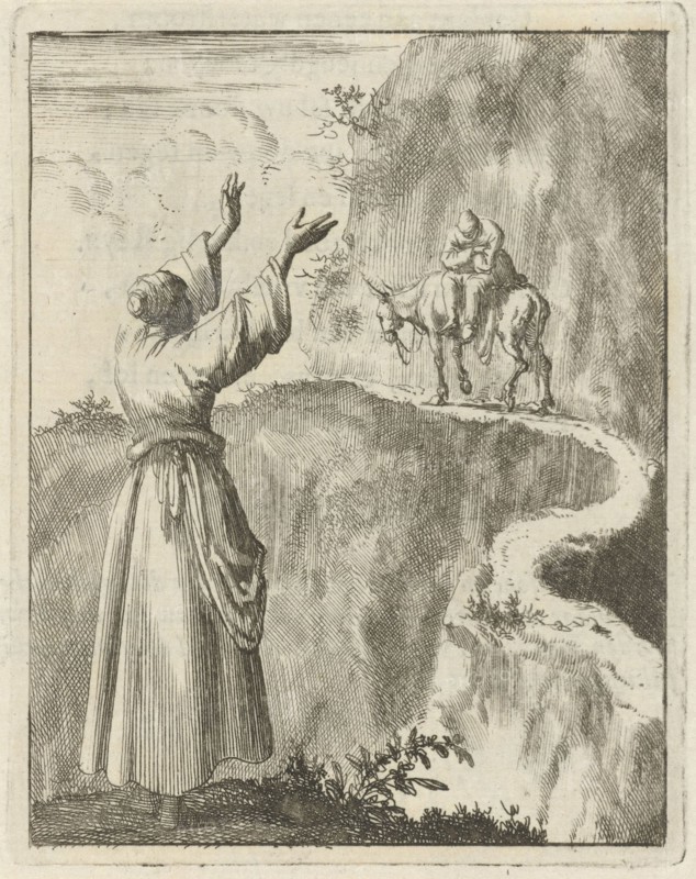 Woman looks startled at a sleeping man who bestrides a narrow mountain on a donkey, print maker: Jan Luyken, Pieter Arentsz II, 1687