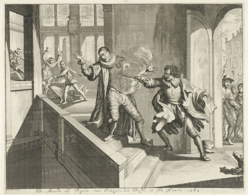 Murder of the Prince of Orange, 1584, Jan Luyken, widow Joannes van Someren, Abraham Wolfgang, 1679-1684