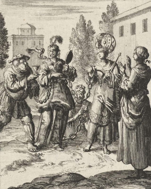 Female beholds a richly dressed lady who is chained to the World, Lust and the Devil, Jan Luyken, Pieter Arentsz II, 1687