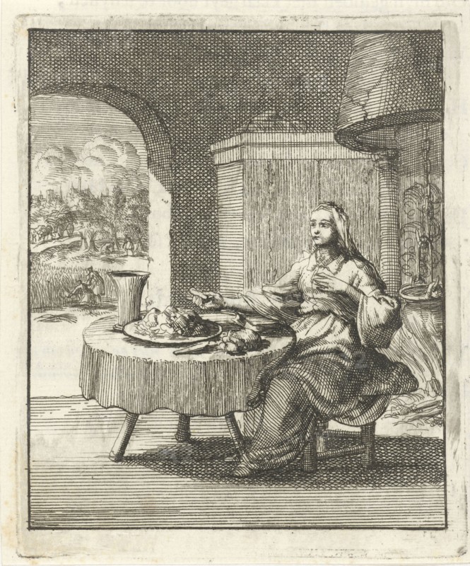 Woman eating at a table, Jan Luyken, Pieter Arentsz (II), 1687