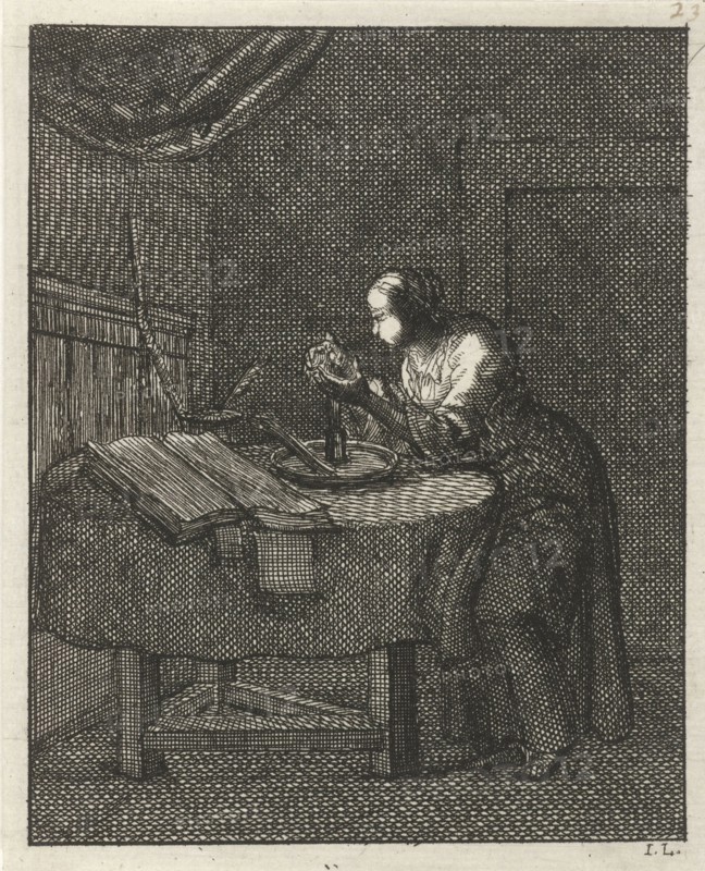 Woman blowing at a glowing candle wick, Jan Luyken, Pieter Arentsz (II), 1687