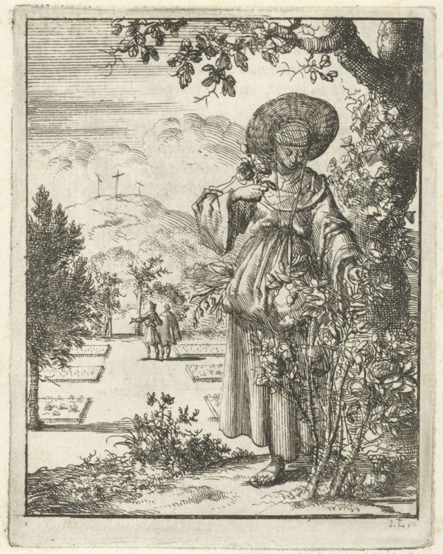 Woman picking roses in a garden, Jan Luyken, Pieter Arentsz II, 1687