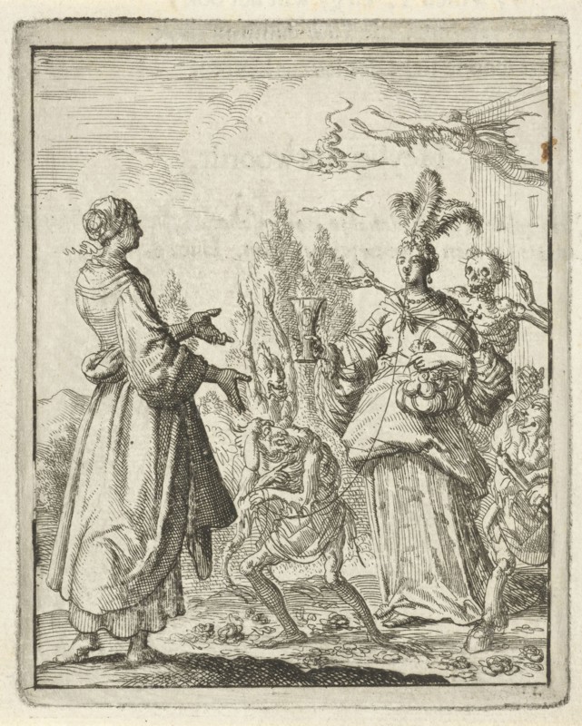 Woman pointing to richly dressed woman who is led on a string by Sin and is surrounded by death and Satan, Jan Luyken, Pieter Arentsz II, 1687