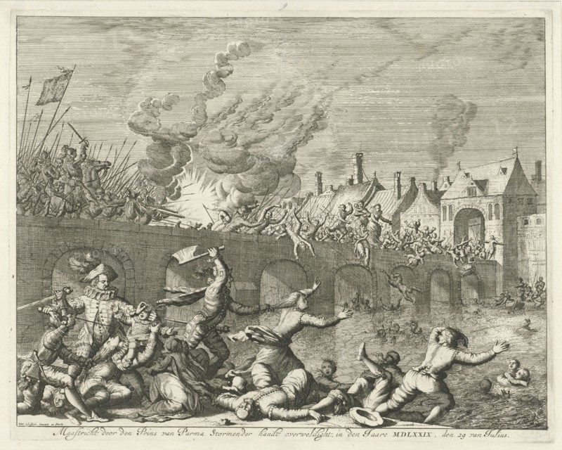 Spaniards killing people in Maastricht, 1579, Jan Luyken, 1678 - 1680