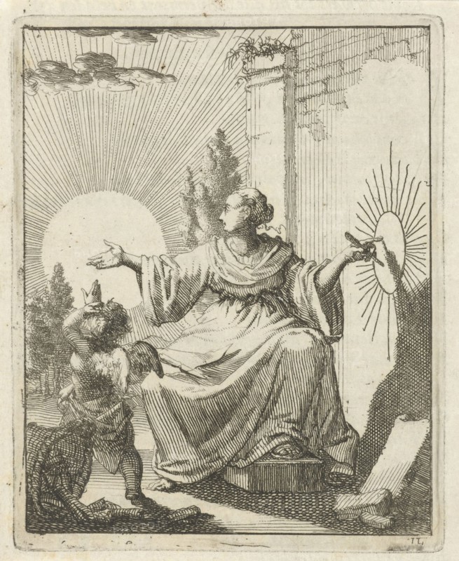 Female compares the sun with a drawing of the sun next to her on a wall, Jan Luyken, Pieter Arentsz II, 1687