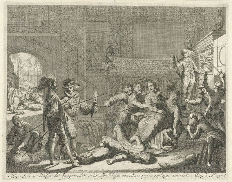 Abuse of a bride by Spanish soldiers during the Spanish Fury in Antwerp, Belgium, 1576, Jan Luyken, 1679 - 1684