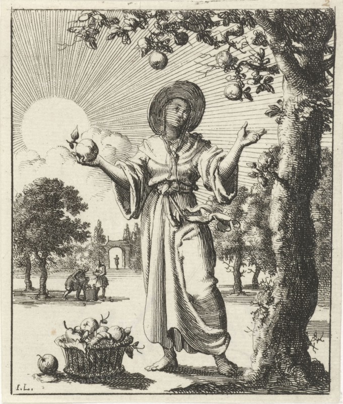 Woman collects fruits, Jan Luyken, Pieter Arentsz (II), 1687