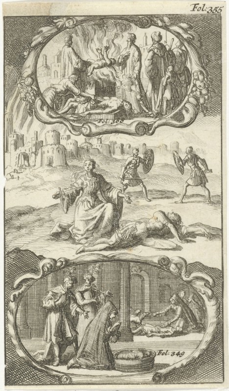 Jocasta kills herself, A living child is sacrificed, Mother of Thursines finds her son drowned, Jan Luyken, Johannes Boekholt, 1687