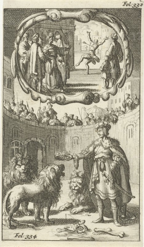 Cambyses kills the son of Prexaspis / Iron Henry, Duke of Holstein, between the lions, Jan Luyken, Johannes Boekholt, 1687