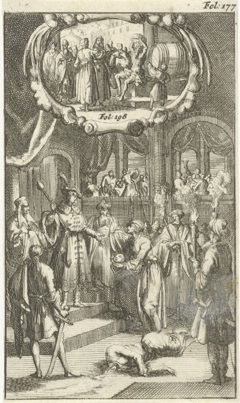 Nicephorus, Emperor of the Greeks, conquered by the Wallachen and beheaded / Diogenes showers in winter with cold water, Jan Luyken, Johannes Boekholt, 1687
