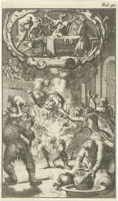 Charles VI, King of France, catches fire at a masquerade party / Ablabius ordered by Constantine the Great to be killed, Jan Luyken, Johannes Boekholt, 1687