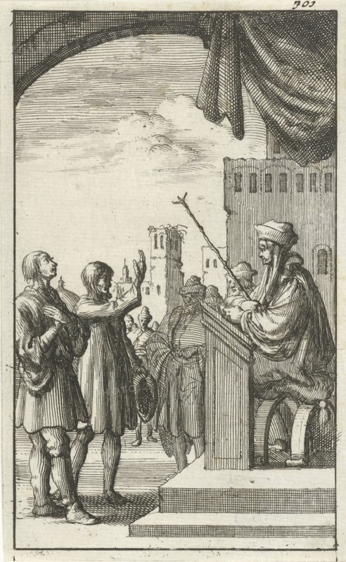 Man makes an oath in court, Jan Luyken, Jan Bouman, 1685