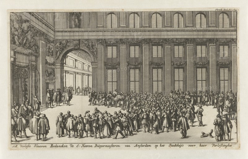 Freed slaves to thank the mayors of Amsterdam for their liberation, ca. 1682-1684, Jan Luyken, Jan Claesz ten Hoorn, 1684