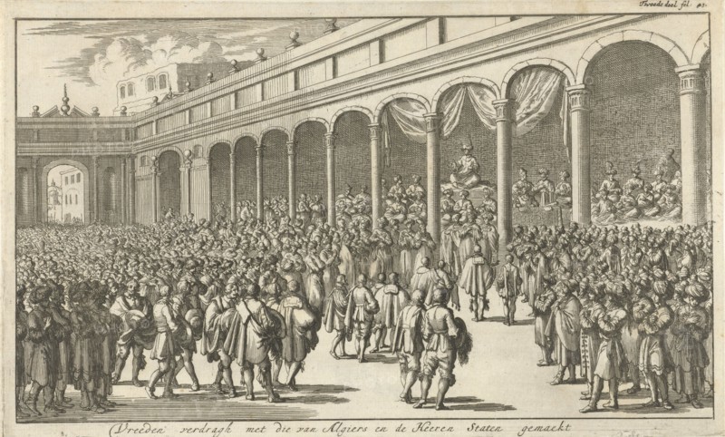 Asan Aga speaks to Westerners in the presence of a large crowd on a square, Jan Luyken, Jan Claesz ten Hoorn, 1684