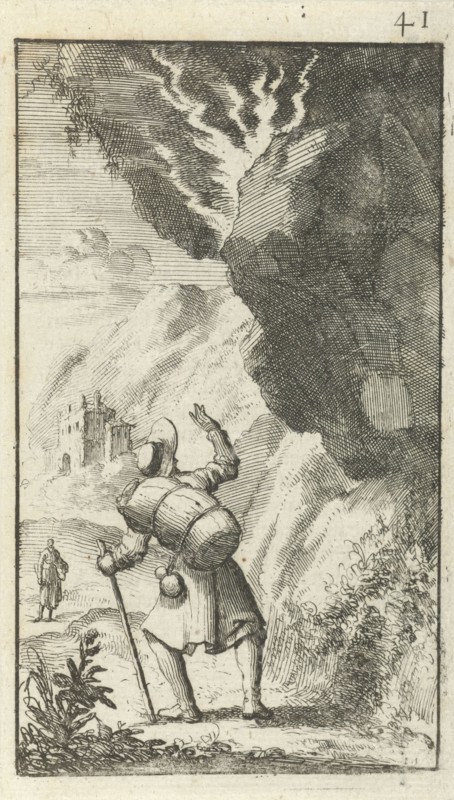 Christian fears being crushed by a falling boulder, Jan Luyken, Johannes Boekholt, 1684