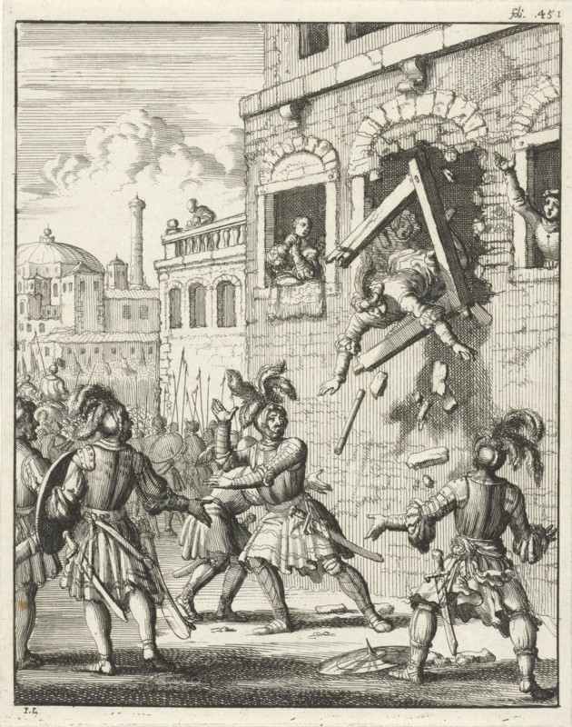 Henry II, Count of Champagne, plummeting through a broken window frame, Jan Luyken, Timotheus ten Hoorn, 1683