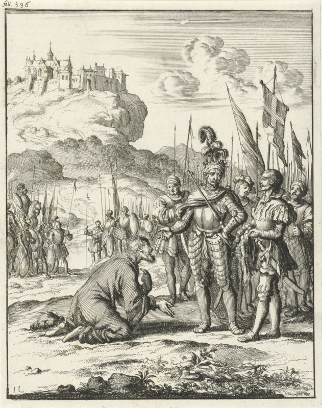 Isaac Komnenos of Cyprus is kneeling in front of Richard the Lionheart, Jan Luyken, Timotheus ten Hoorn, 1683
