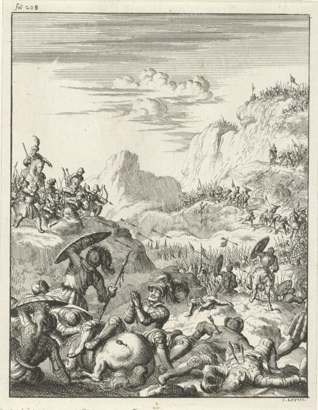 Army of the Emperor Conrad III betrayed and in the mountains raided by the Saracens, print maker: Jan Luyken, Timotheus ten Hoorn, 1683