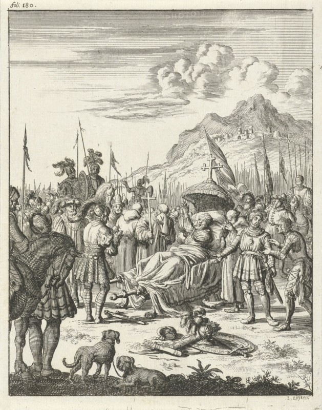 Fulk V, Count of Anjou and King of Jerusalem, dies lying on a stretcher, Jan Luyken, Timotheus ten Hoorn, 1683