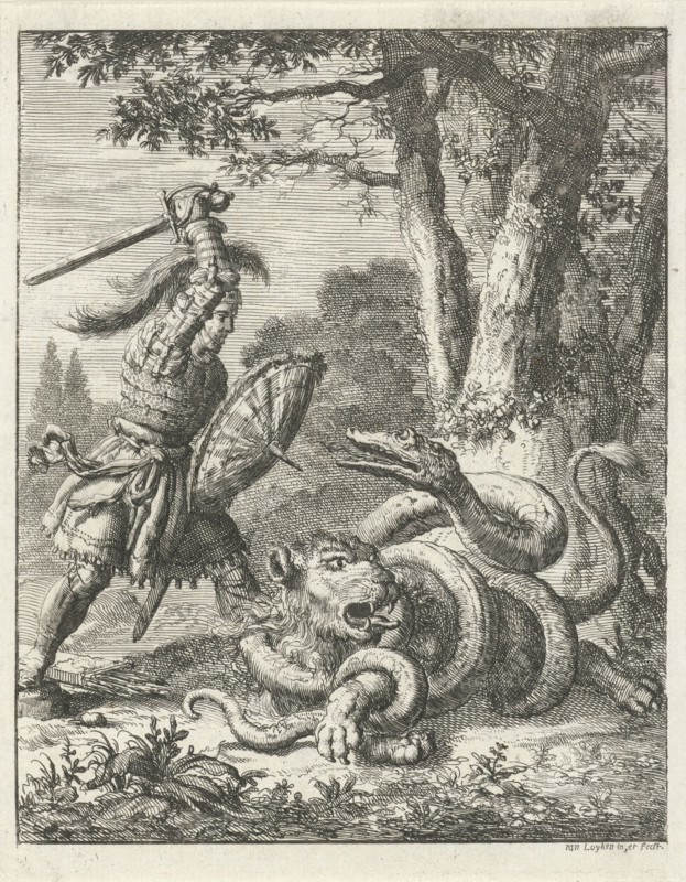 Godfrey of Bouillon free a lion from the stranglehold of a snake, Jan Luyken, 1683