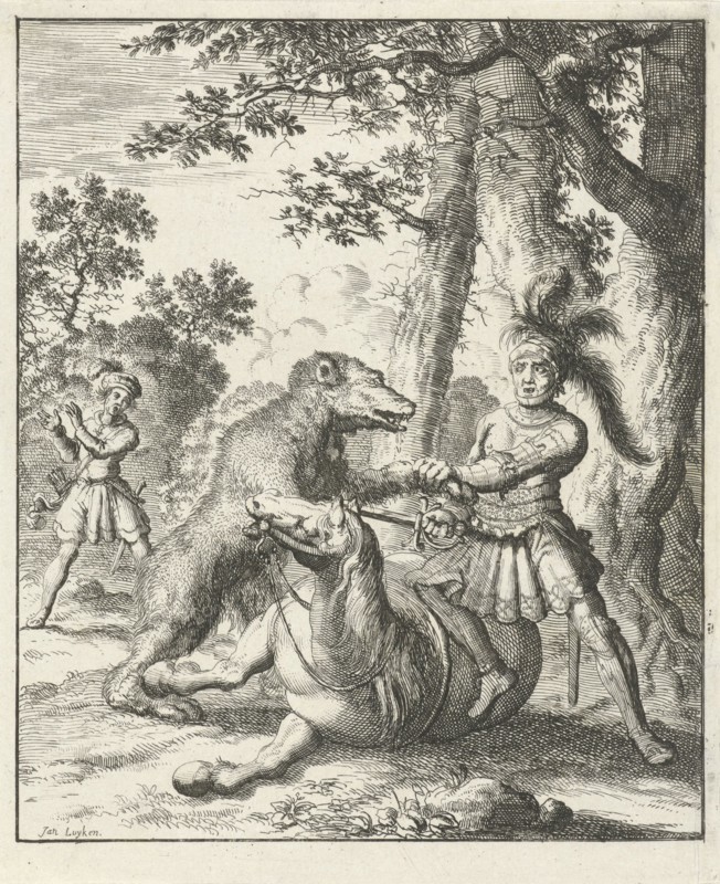 Godfrey of Bouillon, c. 1060 â€ì 1100, beats a bear, Jan Luyken, Timotheus ten Hoorn, 1683
