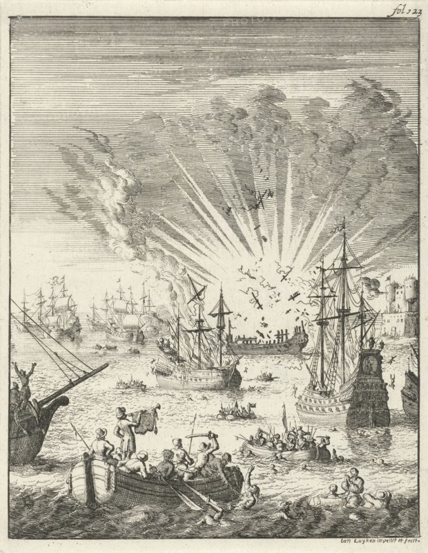 Sea Battle between Dutch and Spanish ships off the coast of Goa India, 1638, Jan Luyken, 1683
